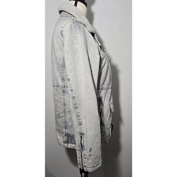 Levi's Jacket Gray Acid Washed Denim Belted Sherpa Moto Punk Streetwear Women M - Picture 5 of 8